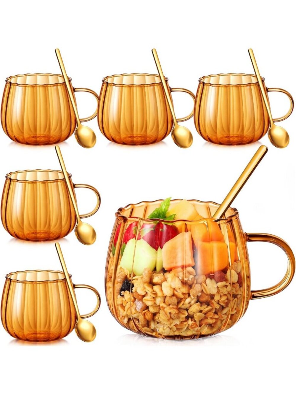 Pumpkin-Shaped Glass Coffee Mugs Set with Spoons - 13.5 oz Fall Tea Cups